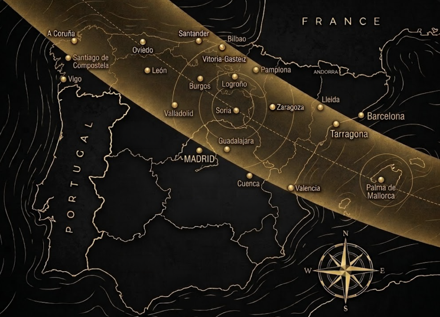 Mapa de la franja de totalidad del eclipse solar total del 12 de agosto de 2026 cruzando el norte de España, de A Coruña a Palma de Mallorca; Madrid queda justo al sur de la franja.